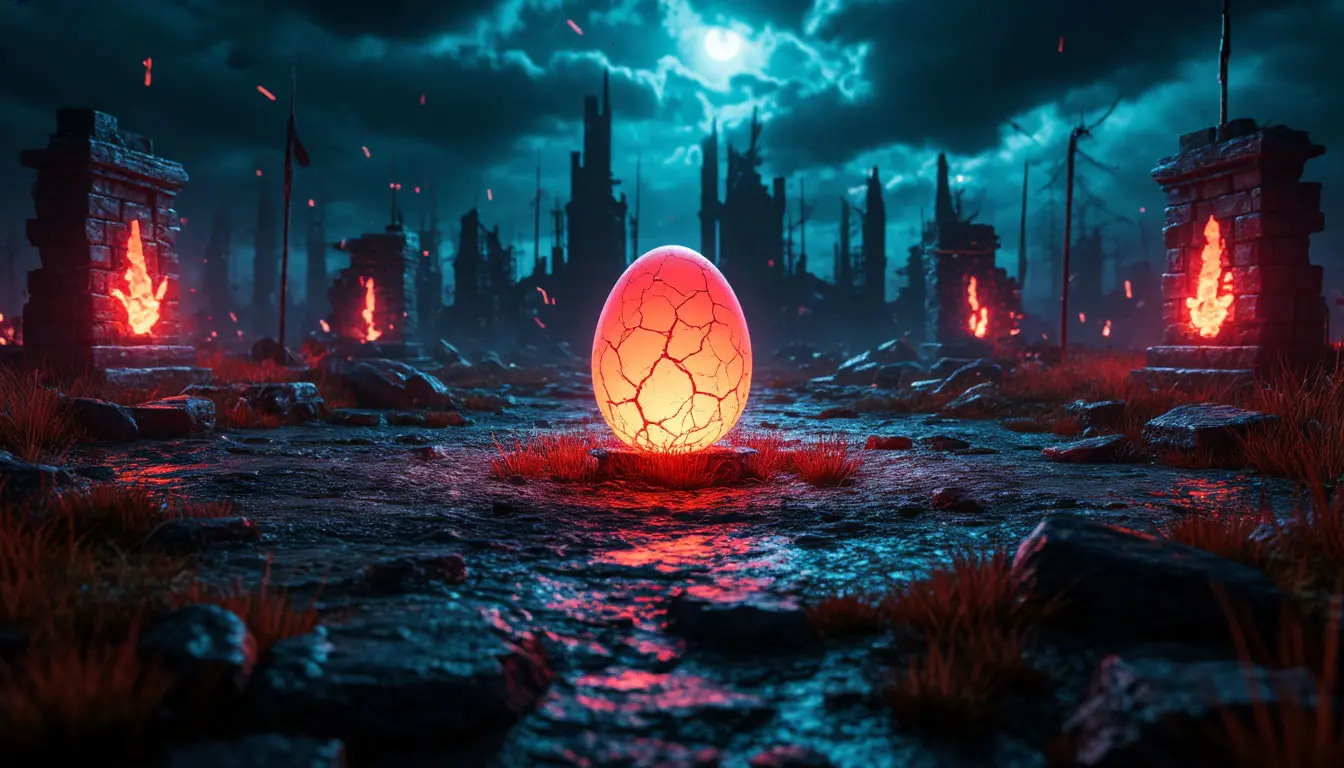 A fragile egg surrounded by defenses in a fantasy arena