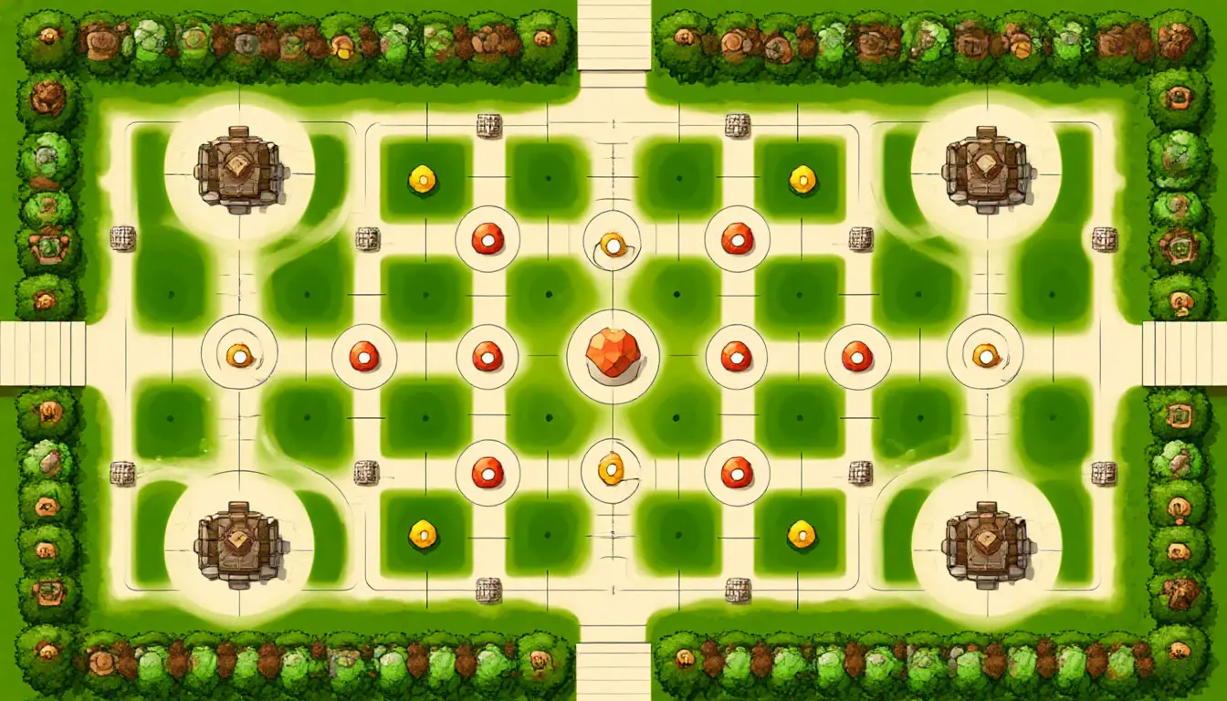Placement diagram showing lanes, range circles, and choke points